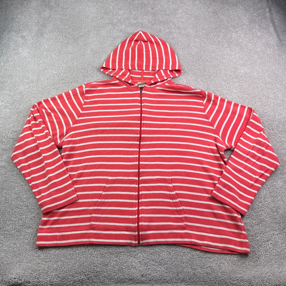 LL Bean Hoodie Womens 3X Red White Striped Zip Up Cotton Coastal Sweatshirt